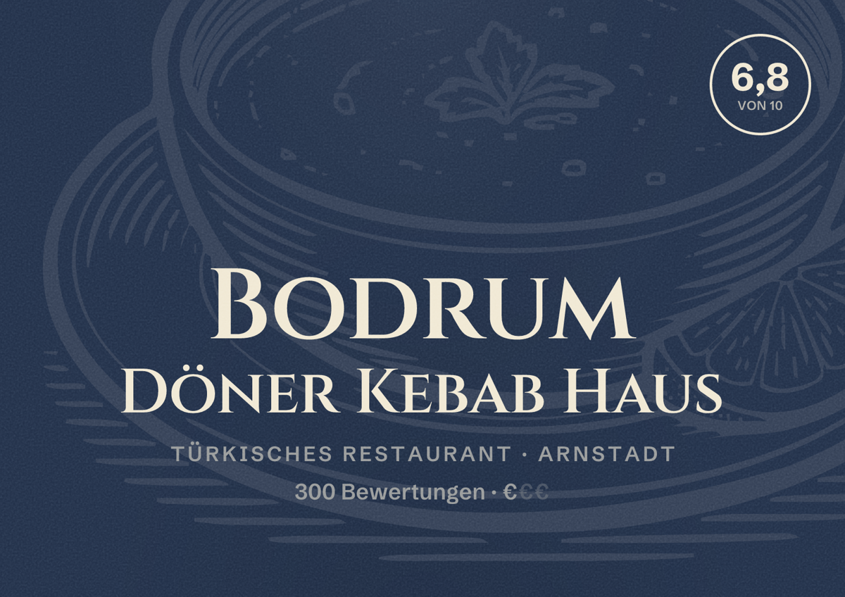 Illustriertes Poster von Bodrum Döner Kebab Haus, Türkisches Restaurant in Arnstadt: Bewertung 6,8 von 10 aus 300 Bewertungen, Preisniveau €