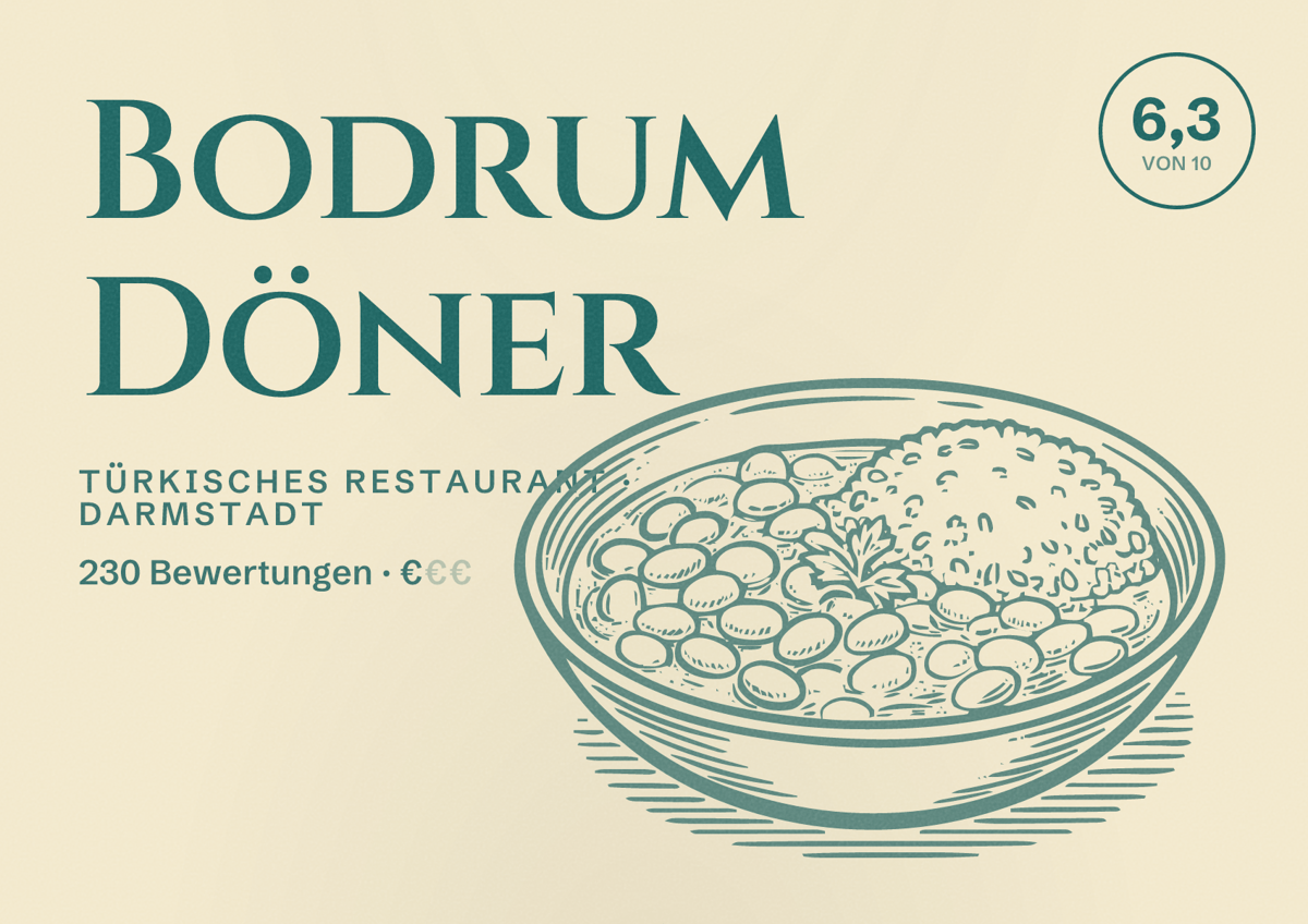 Illustriertes Poster von Bodrum Döner, Türkisches Restaurant in Darmstadt: Bewertung 6,3 von 10 aus 230 Bewertungen, Preisniveau €