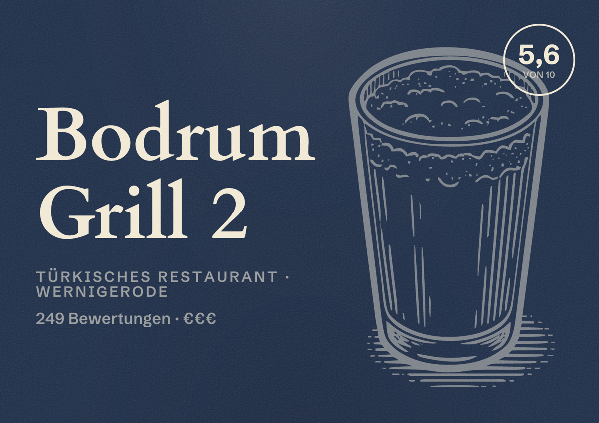 Illustriertes Poster von Bodrum Grill 2, Türkisches Restaurant in Wernigerode: Bewertung 5,6 von 10 aus 249 Bewertungen, Preisniveau €€€