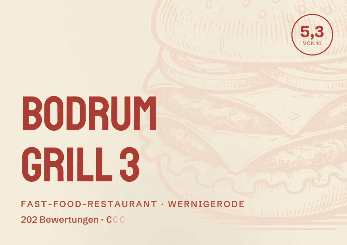 Illustriertes Poster von Bodrum Grill 3, Fast-Food-Restaurant in Wernigerode: Bewertung 5,3 von 10 aus 202 Bewertungen, Preisniveau €