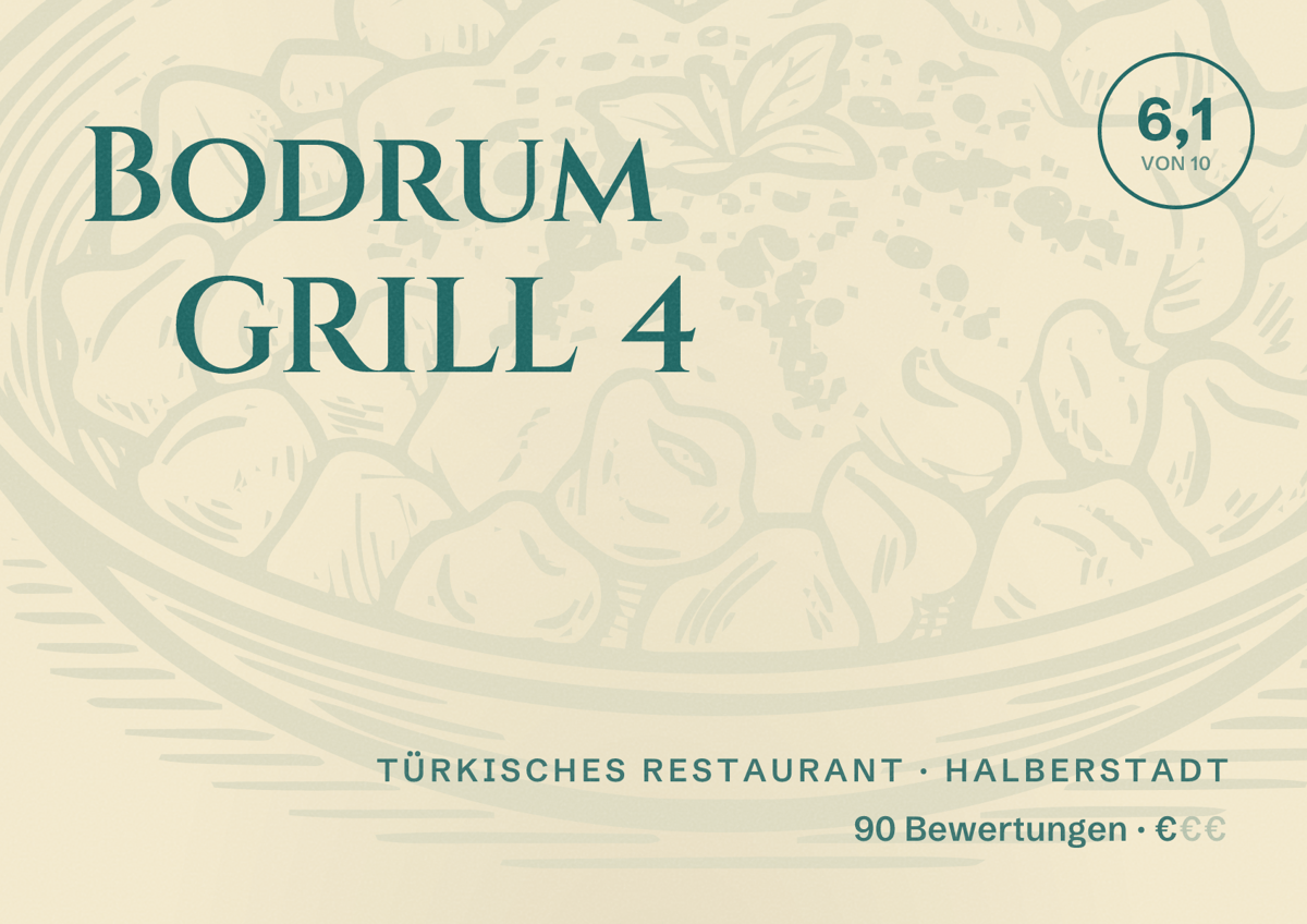 Illustriertes Poster von Bodrum GRILL 4, Türkisches Restaurant in Halberstadt: Bewertung 6,1 von 10 aus 90 Bewertungen, Preisniveau €