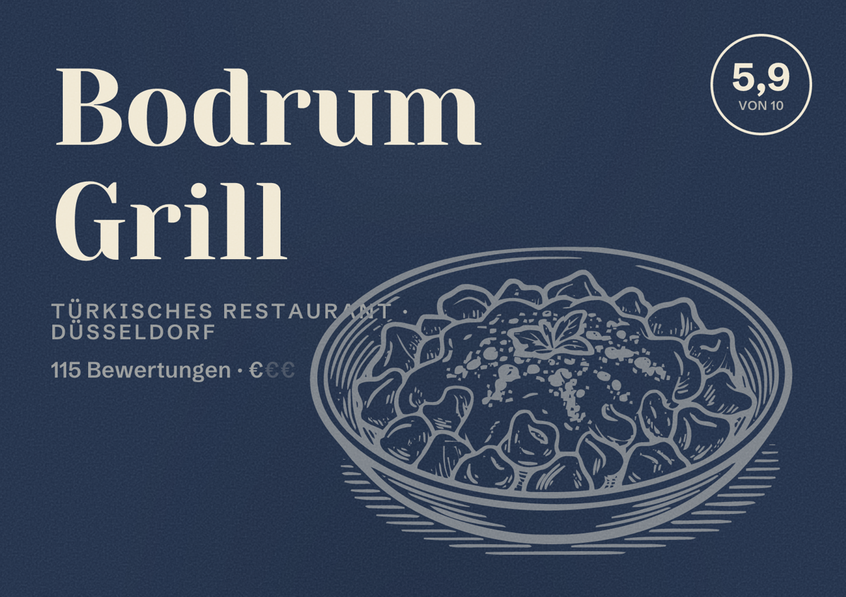 Illustriertes Poster von Bodrum Grill, Türkisches Restaurant in Düsseldorf: Bewertung 5,9 von 10 aus 115 Bewertungen, Preisniveau €