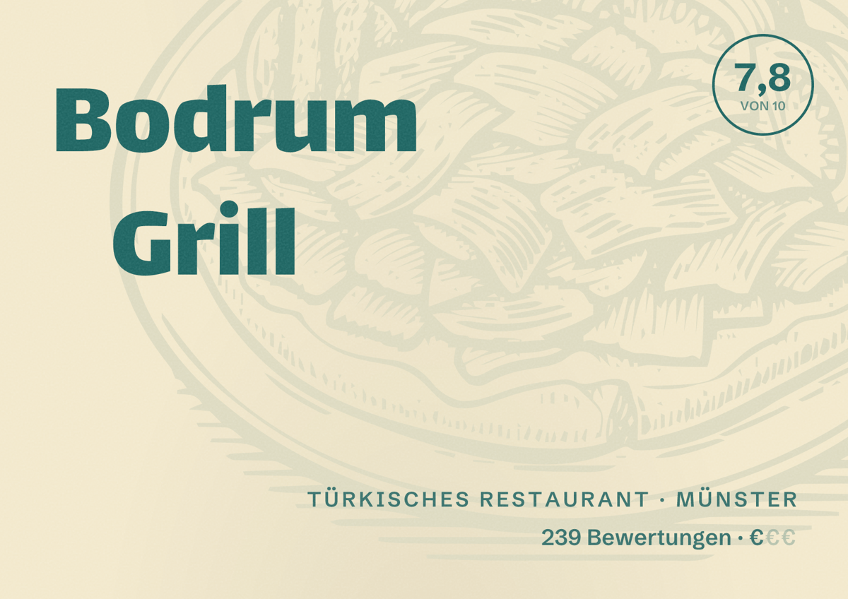 Illustriertes Poster von Bodrum Grill, Türkisches Restaurant in Münster: Bewertung 7,8 von 10 aus 239 Bewertungen, Preisniveau €