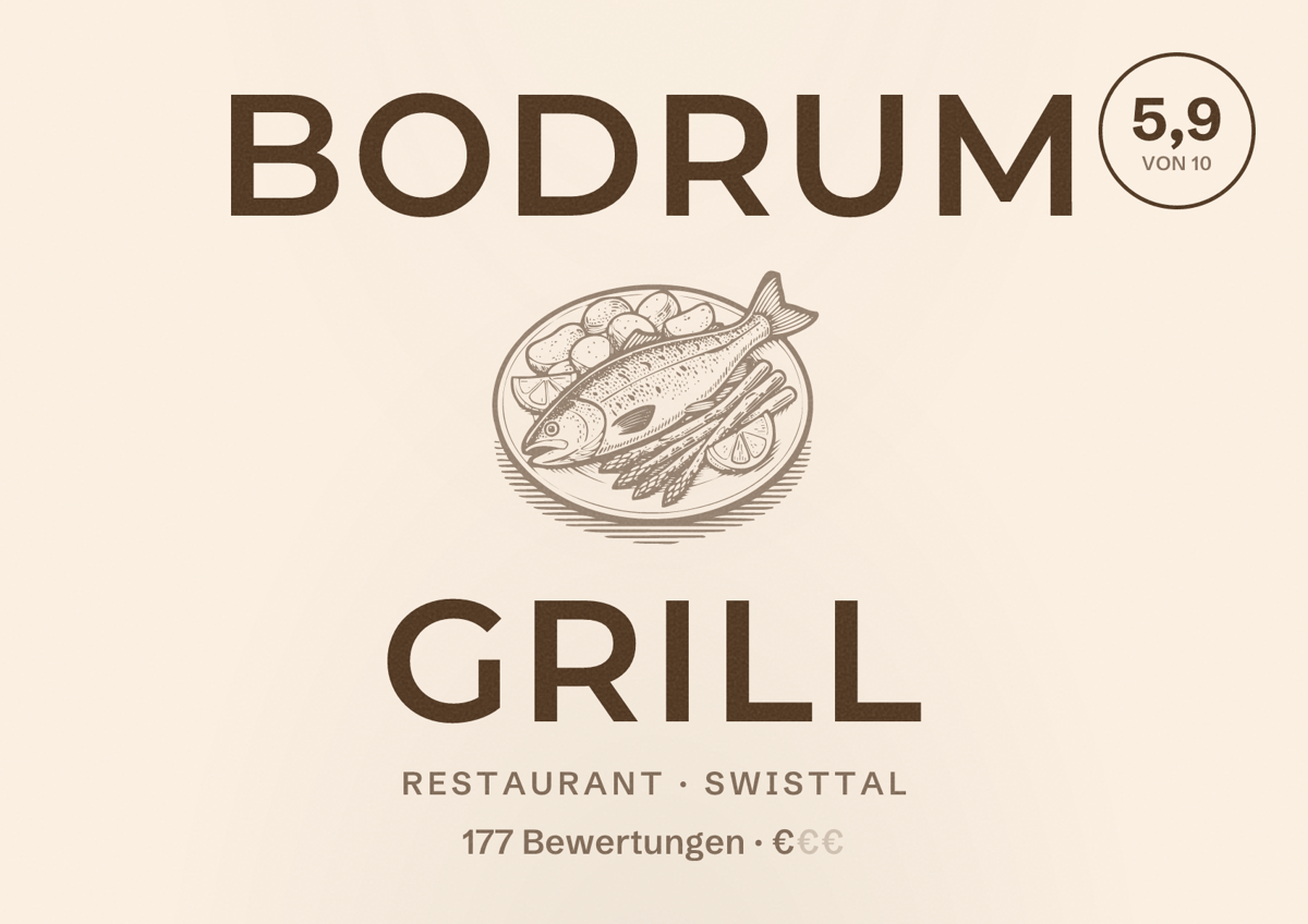 Illustriertes Poster von Bodrum Grill, Restaurant in Swisttal: Bewertung 5,9 von 10 aus 177 Bewertungen, Preisniveau €