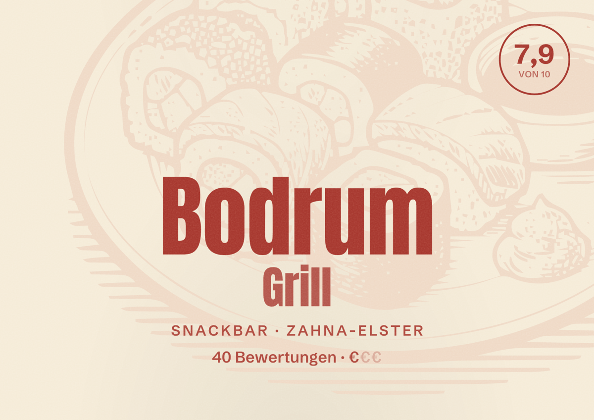 Illustriertes Poster von Bodrum Grill, Snackbar in Zahna-Elster: Bewertung 7,9 von 10 aus 40 Bewertungen, Preisniveau €