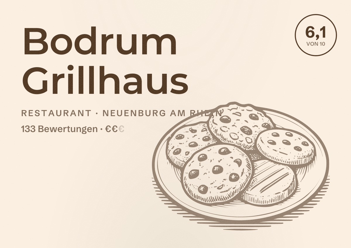 Illustriertes Poster von Bodrum Grillhaus, Restaurant in Neuenburg am Rhein: Bewertung 6,1 von 10 aus 133 Bewertungen, Preisniveau €€
