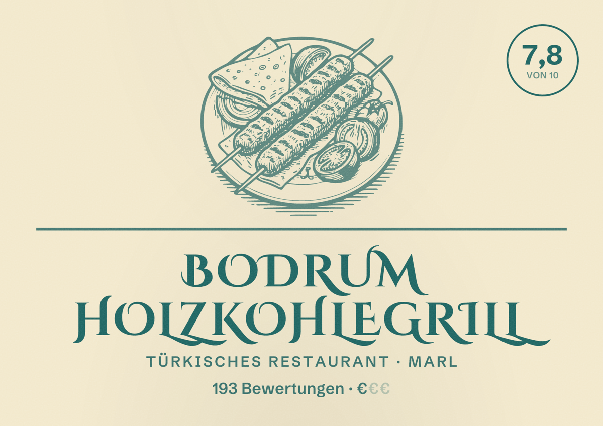 Illustriertes Poster von Bodrum Holzkohlegrill, Türkisches Restaurant in Marl: Bewertung 7,8 von 10 aus 193 Bewertungen, Preisniveau €