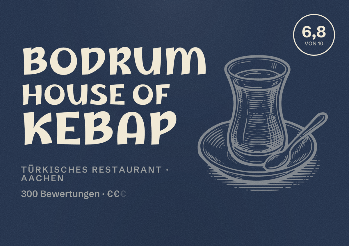 Illustriertes Poster von Bodrum house of kebap, Türkisches Restaurant in Aachen: Bewertung 6,8 von 10 aus 300 Bewertungen, Preisniveau €€