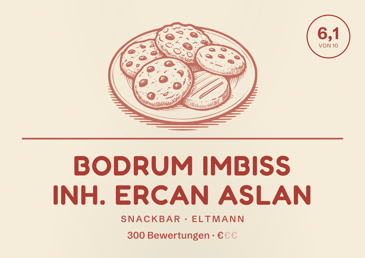 Illustriertes Poster von Bodrum Imbiss Inh. Ercan Aslan, Snackbar in Eltmann: Bewertung 6,1 von 10 aus 300 Bewertungen, Preisniveau €