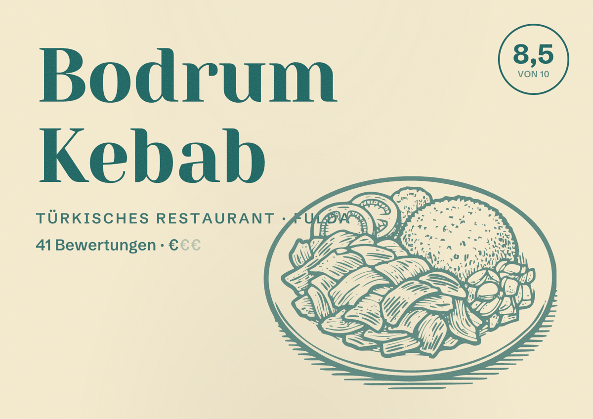 Illustriertes Poster von Bodrum Kebab, Türkisches Restaurant in Fulda: Bewertung 8,5 von 10 aus 41 Bewertungen, Preisniveau €