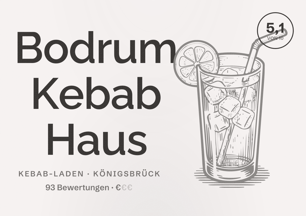 Illustriertes Poster von Bodrum Kebab Haus, Kebab-Laden in Königsbrück: Bewertung 5,1 von 10 aus 93 Bewertungen, Preisniveau €