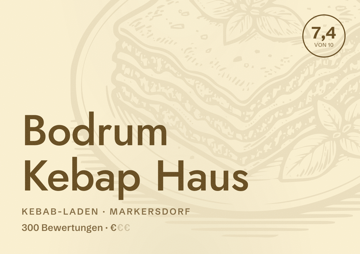 Illustriertes Poster von Bodrum Kebap Haus, Kebab-Laden in Markersdorf: Bewertung 7,4 von 10 aus 300 Bewertungen, Preisniveau €