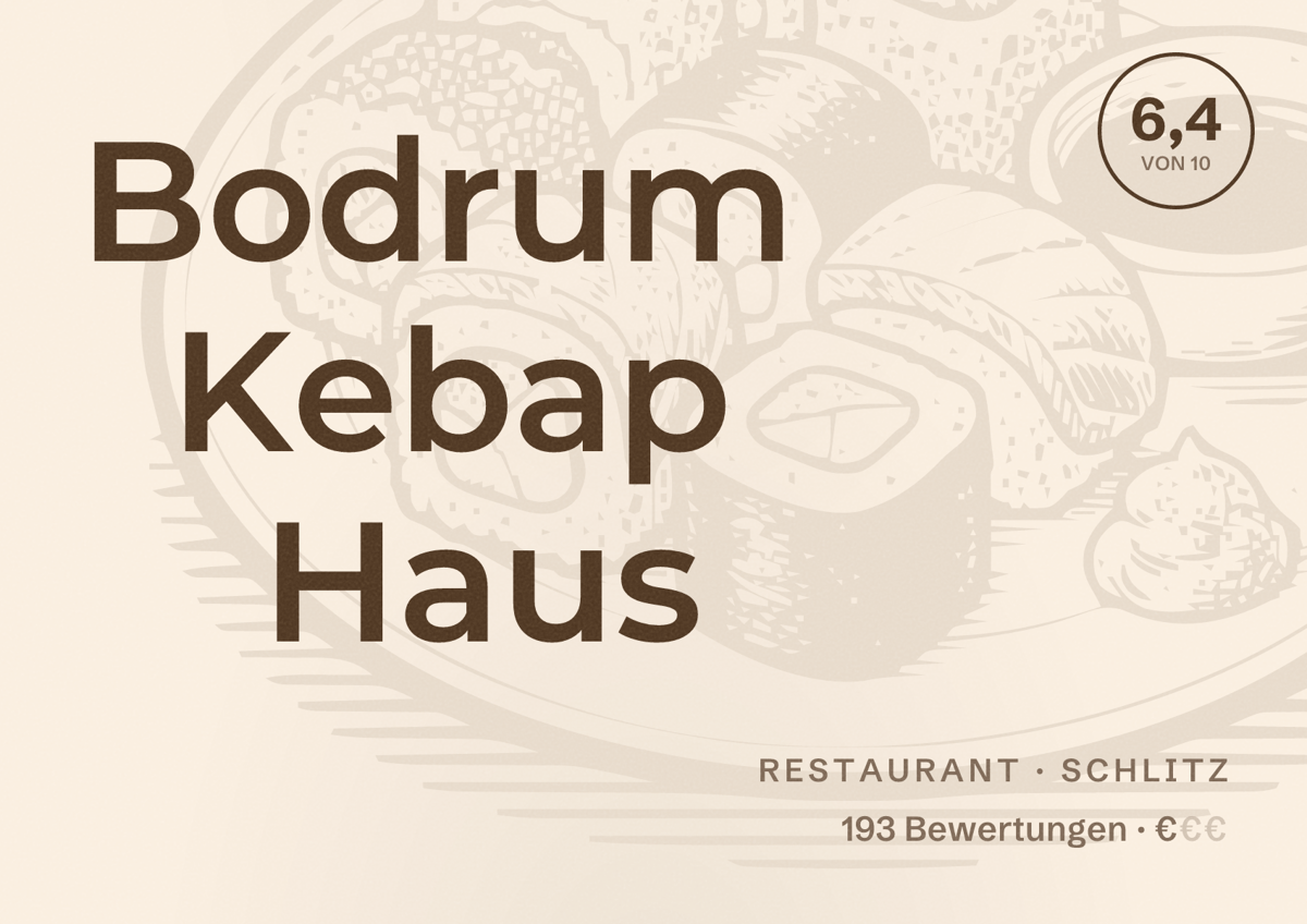 Illustriertes Poster von Bodrum Kebap Haus, Restaurant in Schlitz: Bewertung 6,4 von 10 aus 193 Bewertungen, Preisniveau €