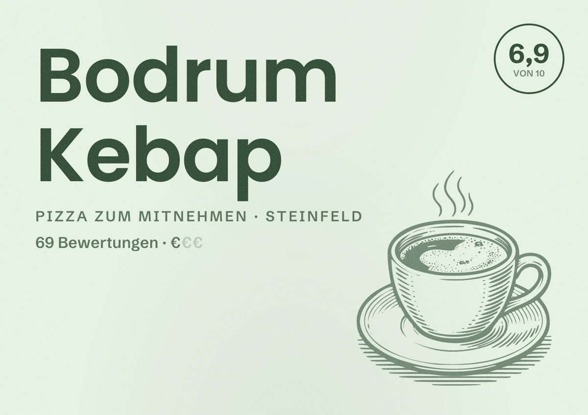 Illustriertes Poster von Bodrum Kebap, Pizza zum Mitnehmen in Steinfeld: Bewertung 6,9 von 10 aus 69 Bewertungen, Preisniveau €