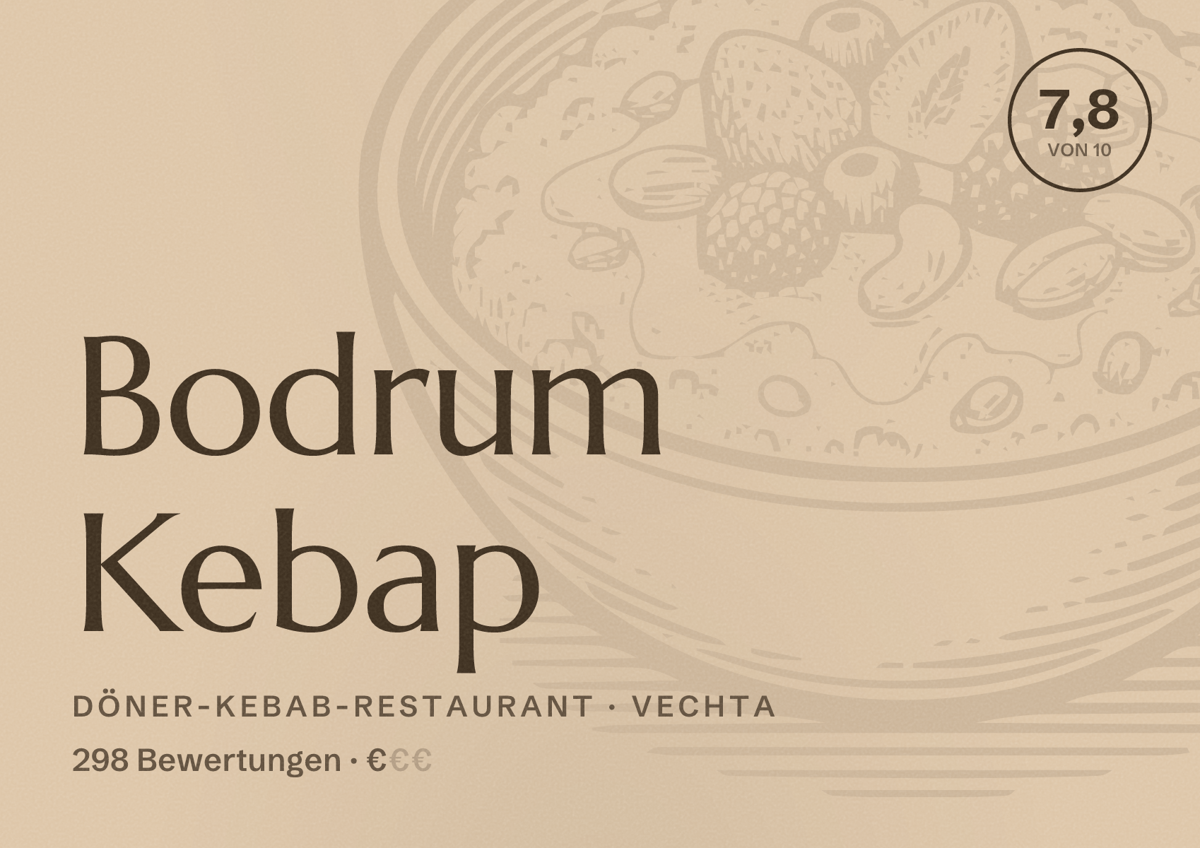 Illustriertes Poster von Bodrum Kebap, Döner-Kebab-Restaurant in Vechta: Bewertung 7,8 von 10 aus 298 Bewertungen, Preisniveau €
