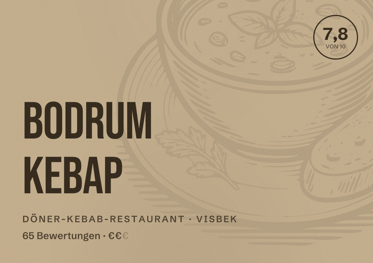 Illustriertes Poster von Bodrum kebap, Döner-Kebab-Restaurant in Visbek: Bewertung 7,8 von 10 aus 65 Bewertungen, Preisniveau €€