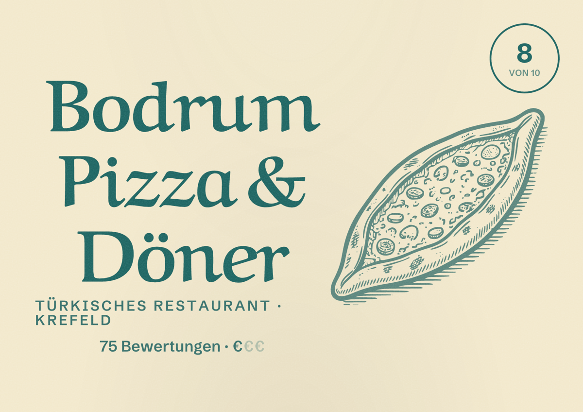 Illustriertes Poster von Bodrum Pizza & Döner, Türkisches Restaurant in Krefeld: Bewertung 8 von 10 aus 75 Bewertungen, Preisniveau €
