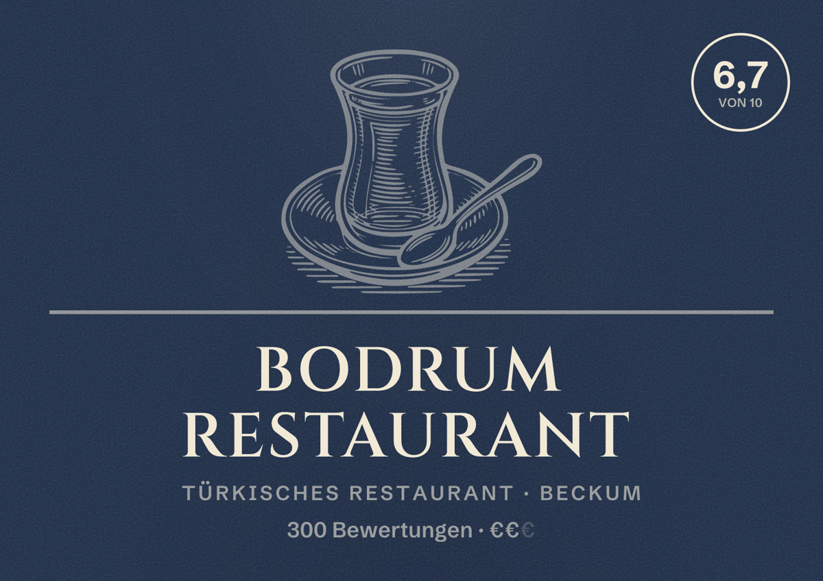 Illustriertes Poster von Bodrum Restaurant, Türkisches Restaurant in Beckum: Bewertung 6,7 von 10 aus 300 Bewertungen, Preisniveau €€