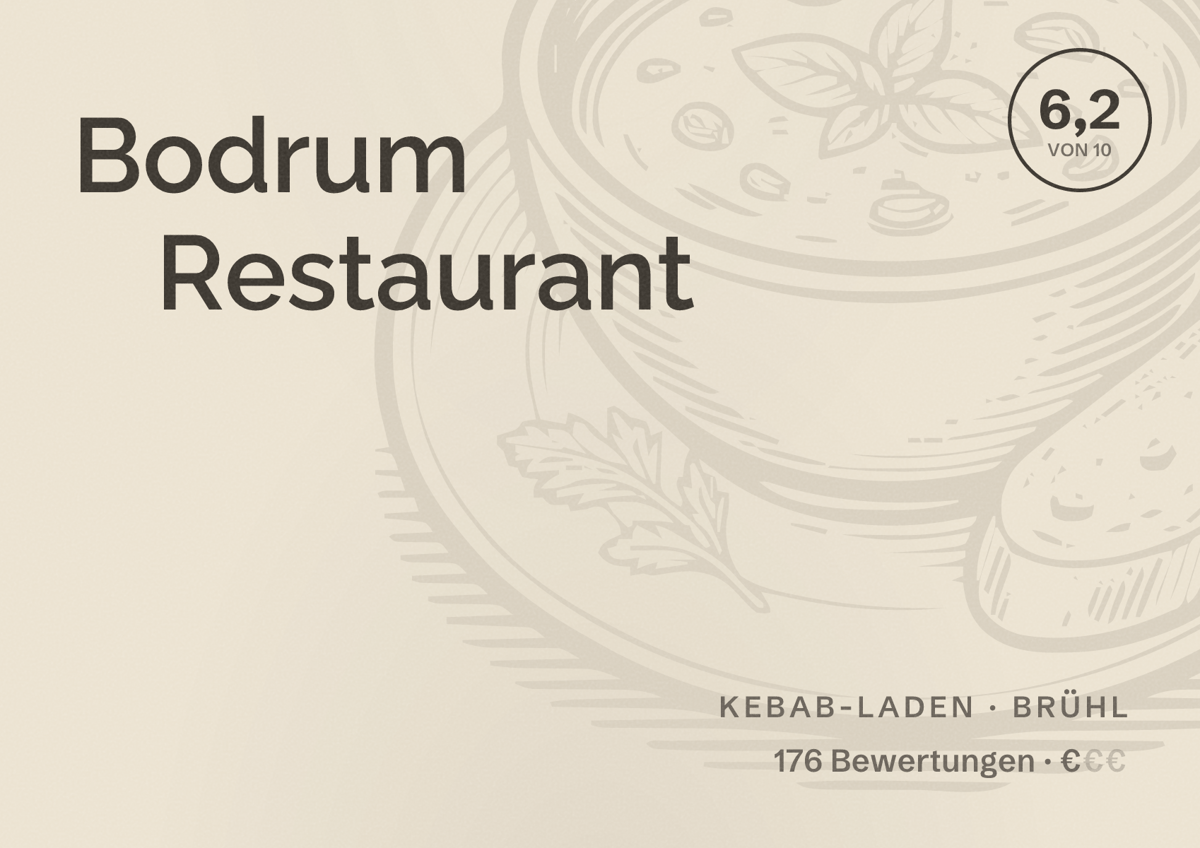 Illustriertes Poster von Bodrum Restaurant, Kebab-Laden in Brühl: Bewertung 6,2 von 10 aus 176 Bewertungen, Preisniveau €