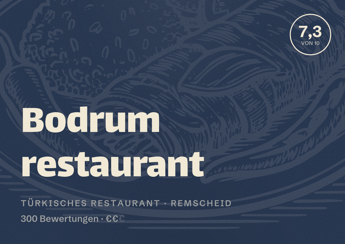 Illustriertes Poster von Bodrum restaurant, Türkisches Restaurant in Remscheid: Bewertung 7,3 von 10 aus 300 Bewertungen, Preisniveau €€