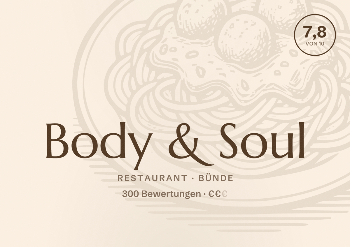 Illustriertes Poster von Body & Soul, Restaurant in Bünde: Bewertung 7,8 von 10 aus 300 Bewertungen, Preisniveau €€