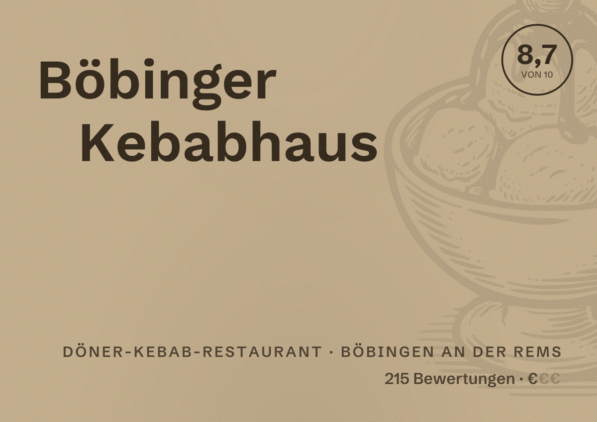 Illustriertes Poster von Böbinger Kebabhaus, Döner-Kebab-Restaurant in Böbingen an der Rems: Bewertung 8,7 von 10 aus 215 Bewertungen, Preisniveau €