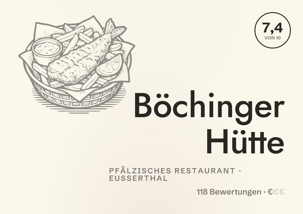 Illustriertes Poster von Böchinger Hütte, Pfälzisches Restaurant in Eußerthal: Bewertung 7,4 von 10 aus 118 Bewertungen, Preisniveau €