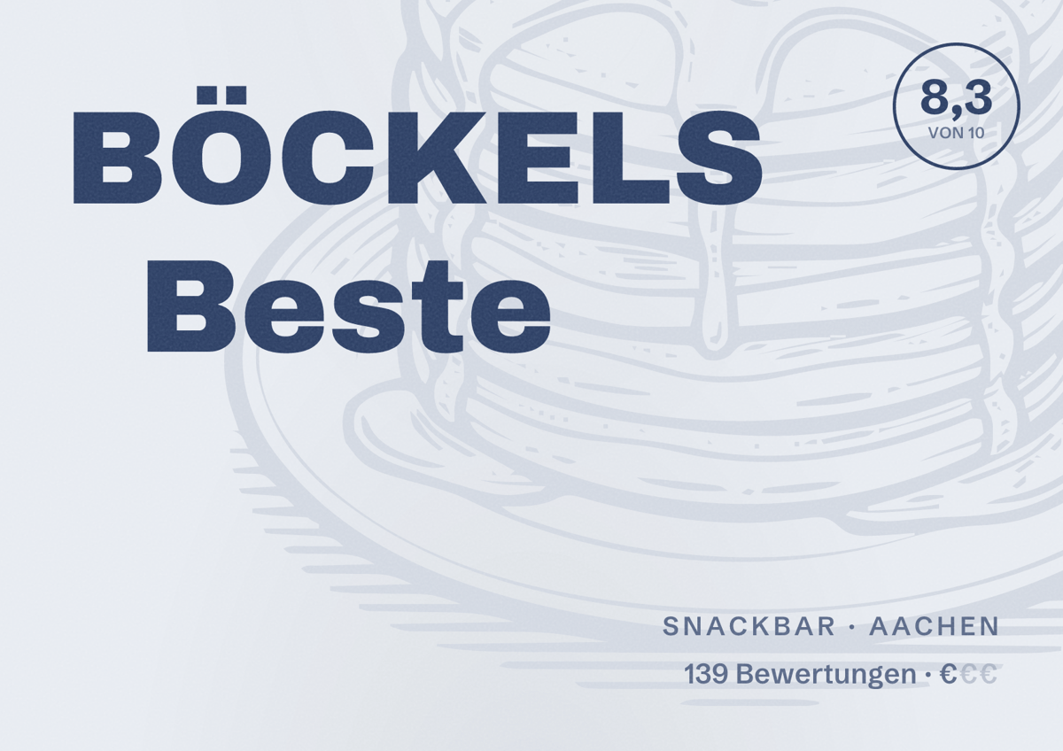 Illustriertes Poster von BÖCKELS Beste, Snackbar in Aachen: Bewertung 8,3 von 10 aus 139 Bewertungen, Preisniveau €