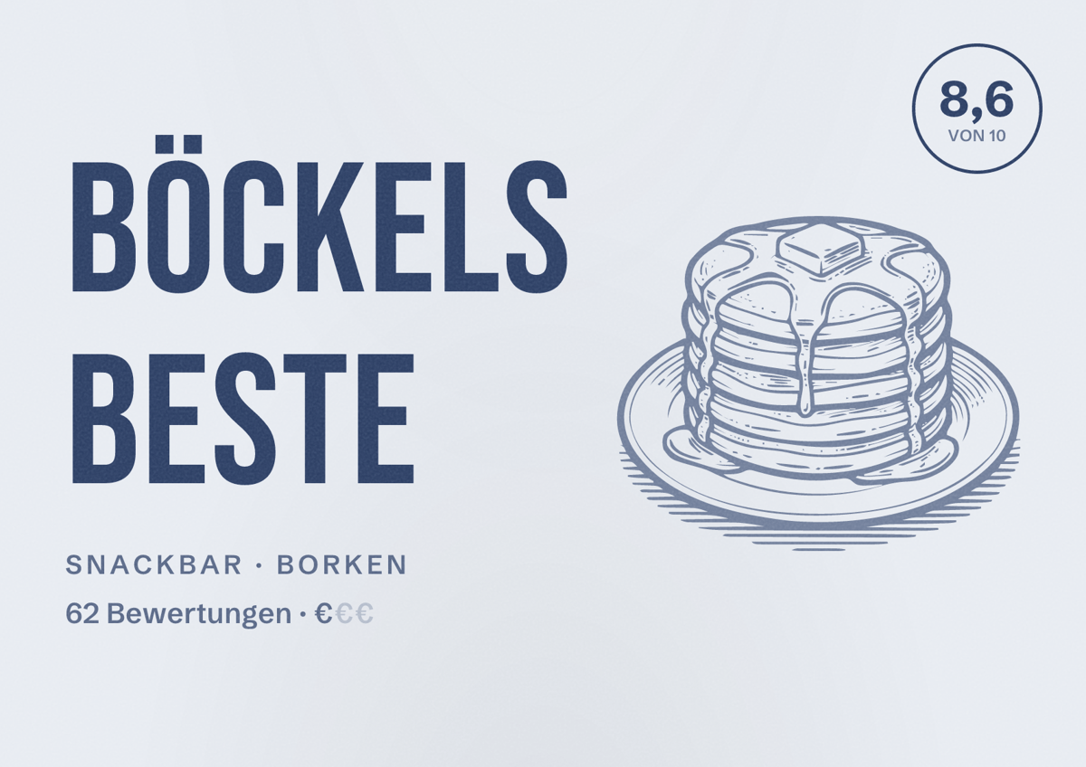 Illustriertes Poster von Böckels Beste, Snackbar in Borken: Bewertung 8,6 von 10 aus 62 Bewertungen, Preisniveau €