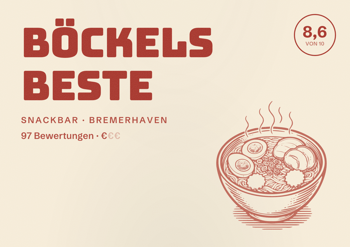 Illustriertes Poster von Böckels Beste, Snackbar in Bremerhaven: Bewertung 8,6 von 10 aus 97 Bewertungen, Preisniveau €