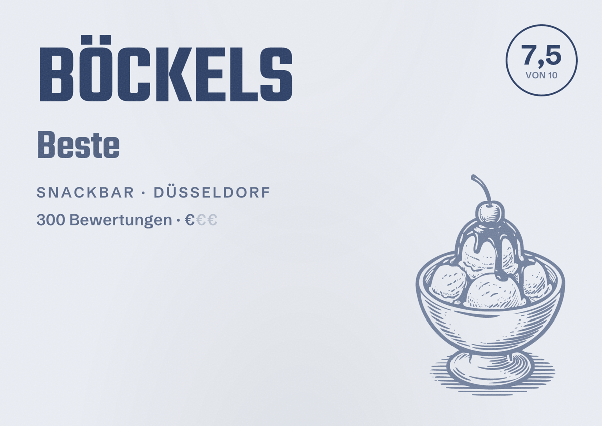 Illustriertes Poster von BÖCKELS Beste, Snackbar in Düsseldorf: Bewertung 7,5 von 10 aus 300 Bewertungen, Preisniveau €