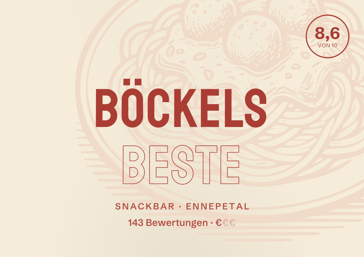 Illustriertes Poster von BÖCKELS Beste, Snackbar in Ennepetal: Bewertung 8,6 von 10 aus 143 Bewertungen, Preisniveau €