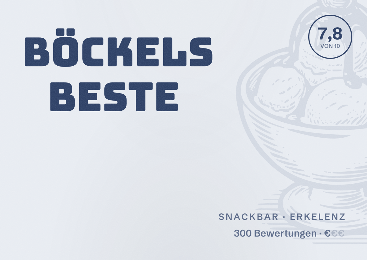 Illustriertes Poster von BÖCKELS Beste, Snackbar in Erkelenz: Bewertung 7,8 von 10 aus 300 Bewertungen, Preisniveau €