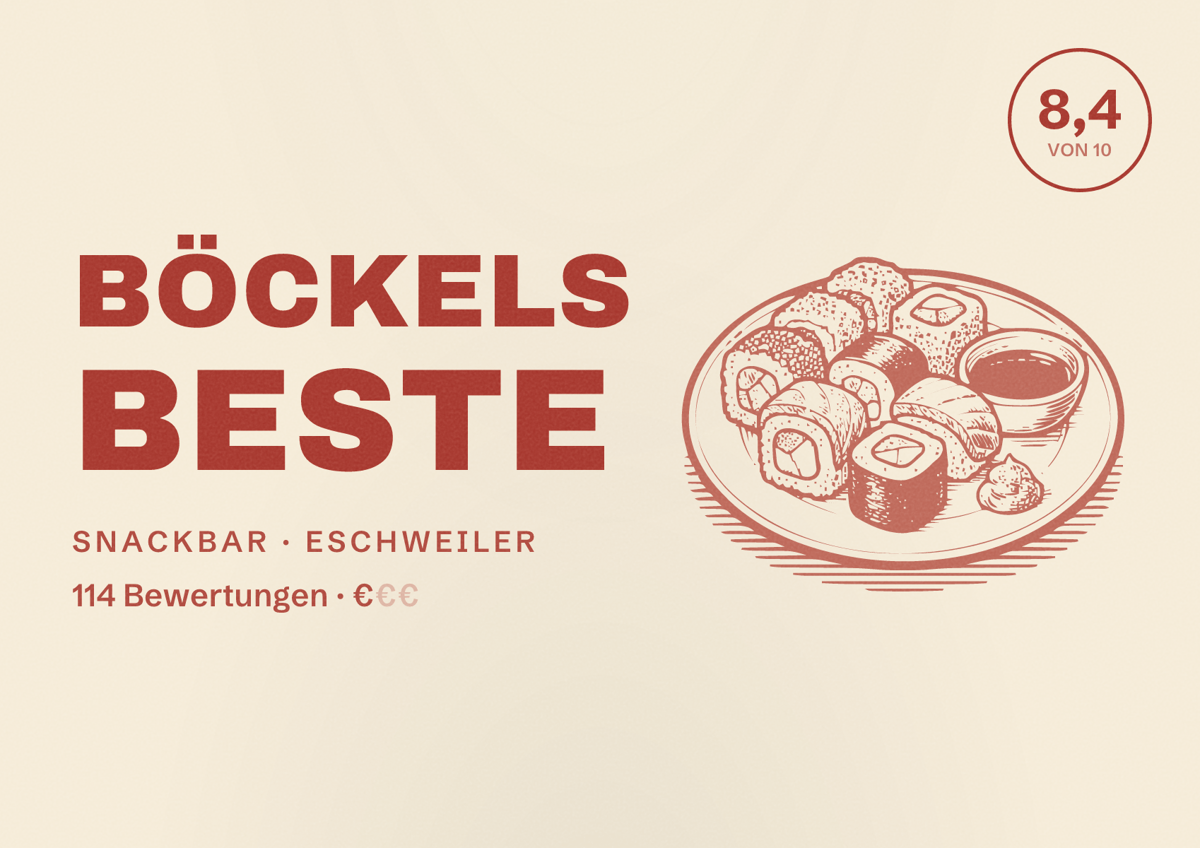 Illustriertes Poster von BÖCKELS Beste, Snackbar in Eschweiler: Bewertung 8,4 von 10 aus 114 Bewertungen, Preisniveau €