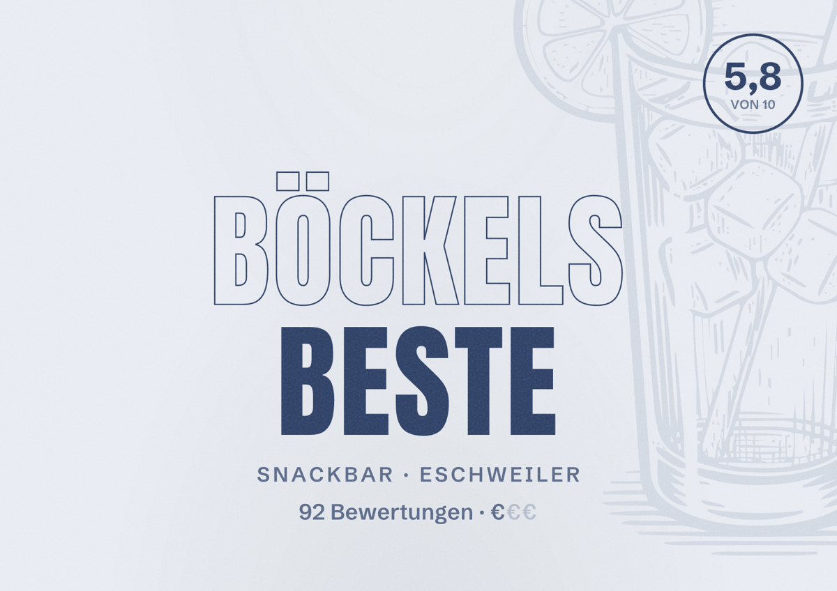 Illustriertes Poster von BÖCKELS Beste, Snackbar in Eschweiler: Bewertung 5,8 von 10 aus 92 Bewertungen, Preisniveau €