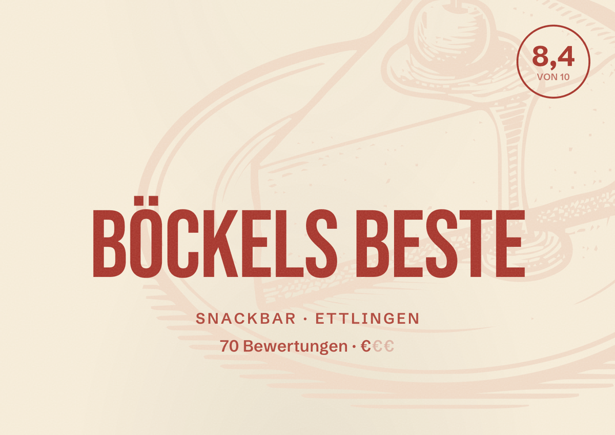 Illustriertes Poster von Böckels Beste, Snackbar in Ettlingen: Bewertung 8,4 von 10 aus 70 Bewertungen, Preisniveau €
