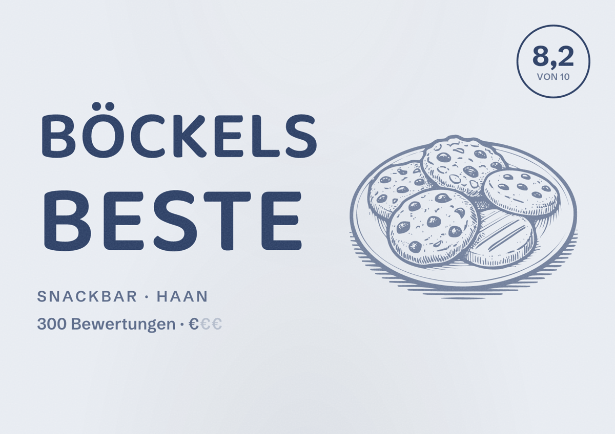 Illustriertes Poster von BÖCKELS Beste, Snackbar in Haan: Bewertung 8,2 von 10 aus 300 Bewertungen, Preisniveau €