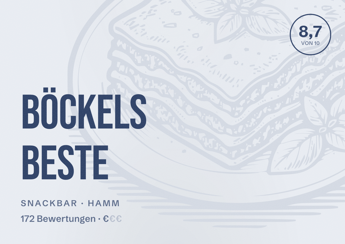 Illustriertes Poster von Böckels Beste, Snackbar in Hamm: Bewertung 8,7 von 10 aus 172 Bewertungen, Preisniveau €