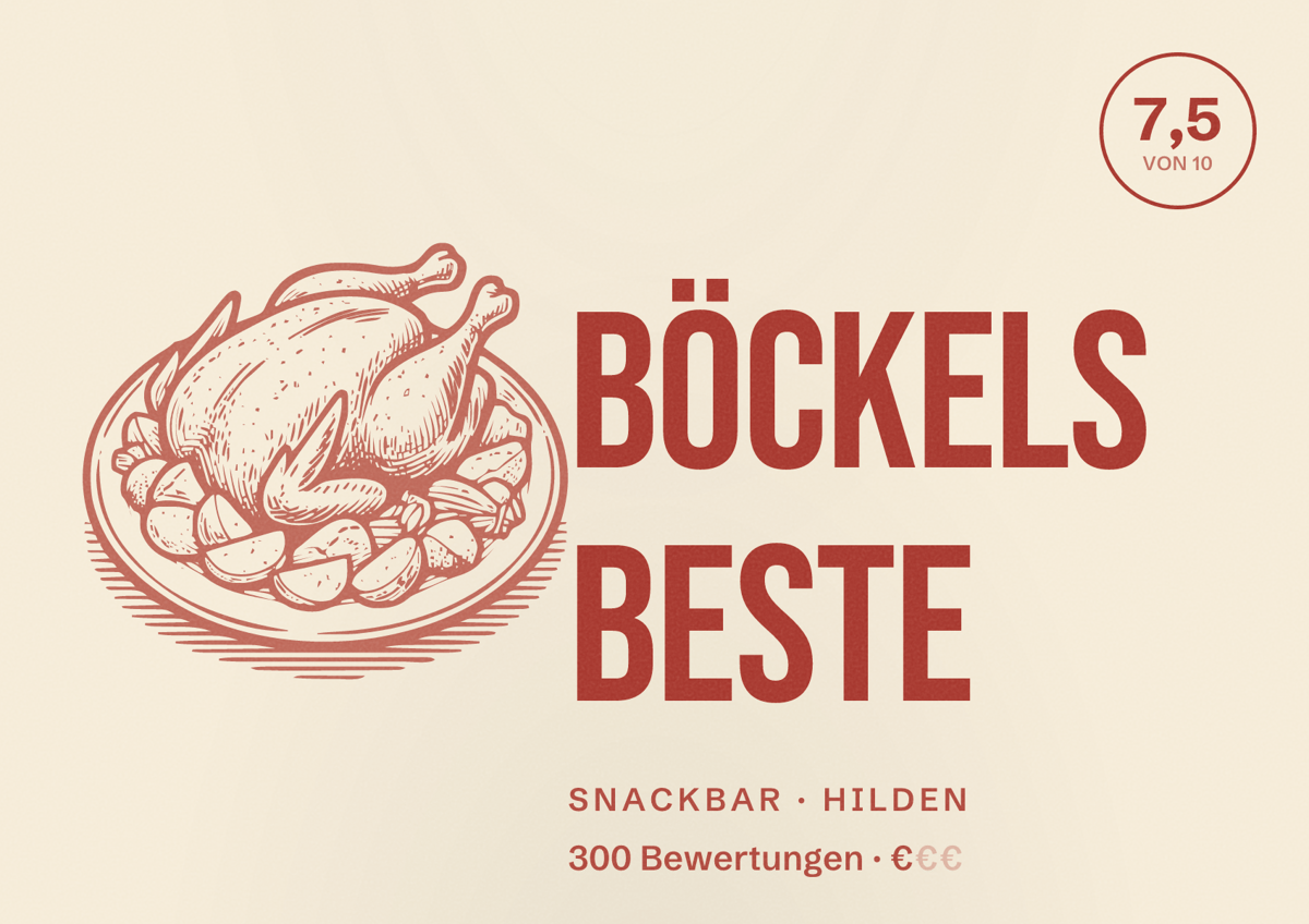 Illustriertes Poster von BÖCKELS Beste, Snackbar in Hilden: Bewertung 7,5 von 10 aus 300 Bewertungen, Preisniveau €