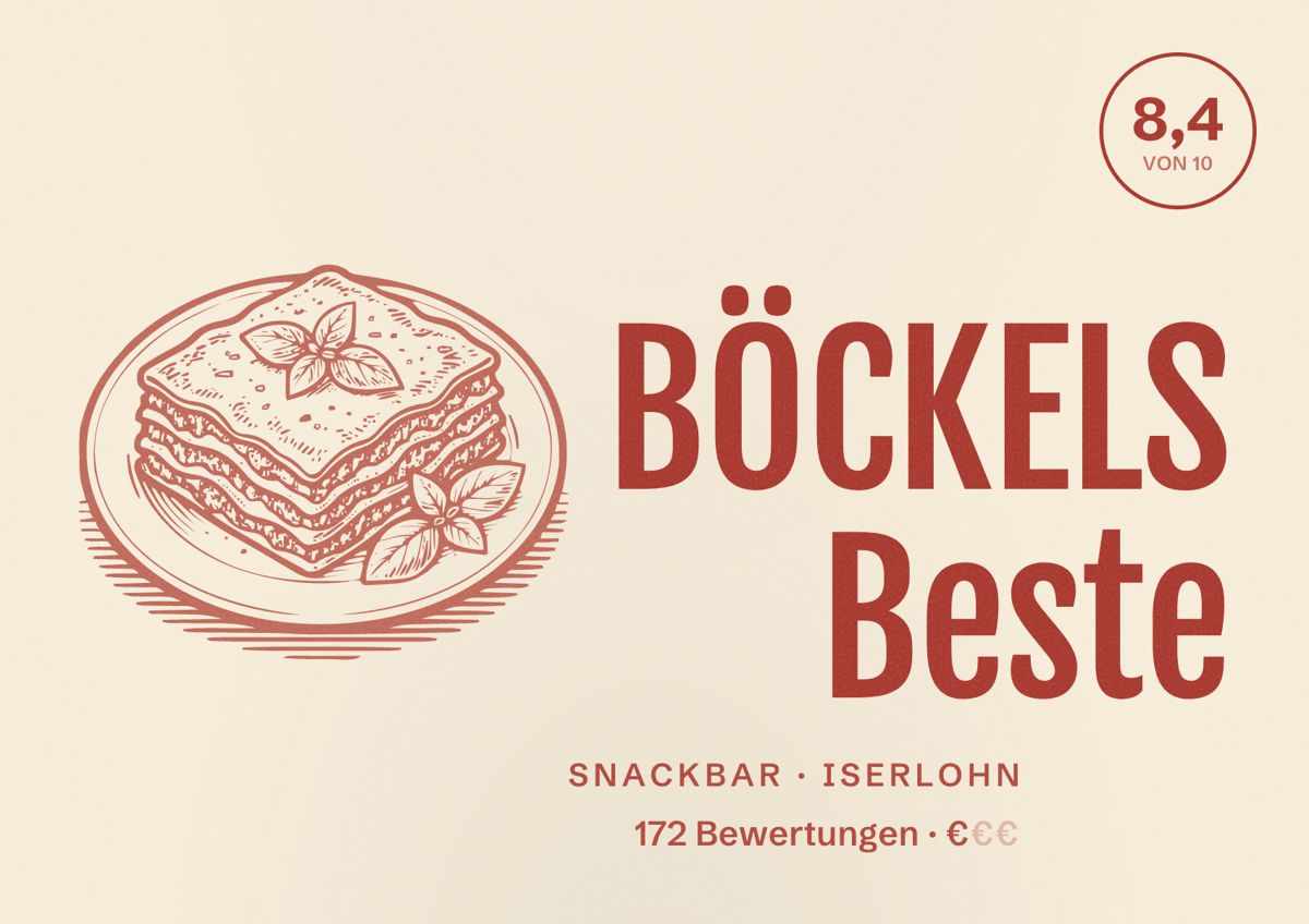 Illustriertes Poster von BÖCKELS Beste, Snackbar in Iserlohn: Bewertung 8,4 von 10 aus 172 Bewertungen, Preisniveau €
