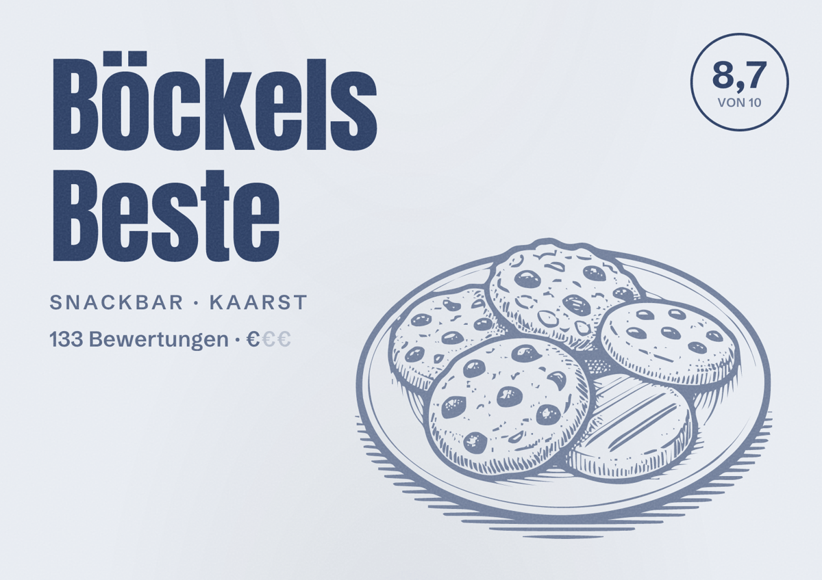 Illustriertes Poster von Böckels Beste, Snackbar in Kaarst: Bewertung 8,7 von 10 aus 133 Bewertungen, Preisniveau €