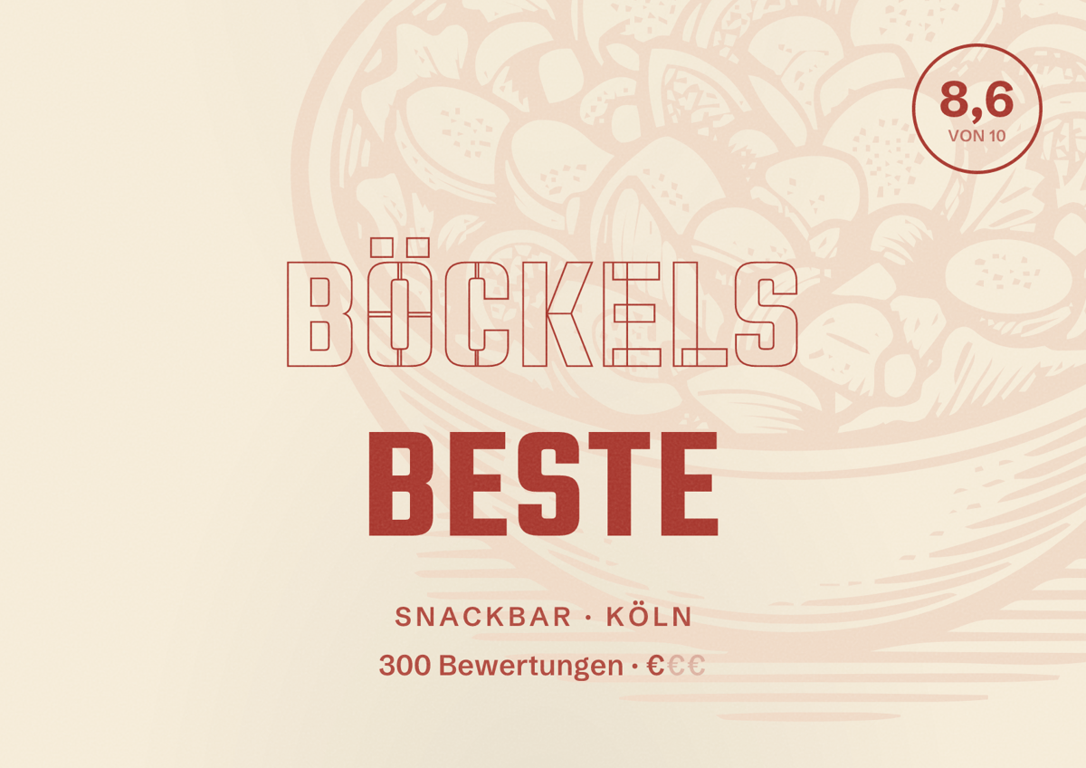 Illustriertes Poster von BÖCKELS Beste, Snackbar in Köln: Bewertung 8,6 von 10 aus 300 Bewertungen, Preisniveau €
