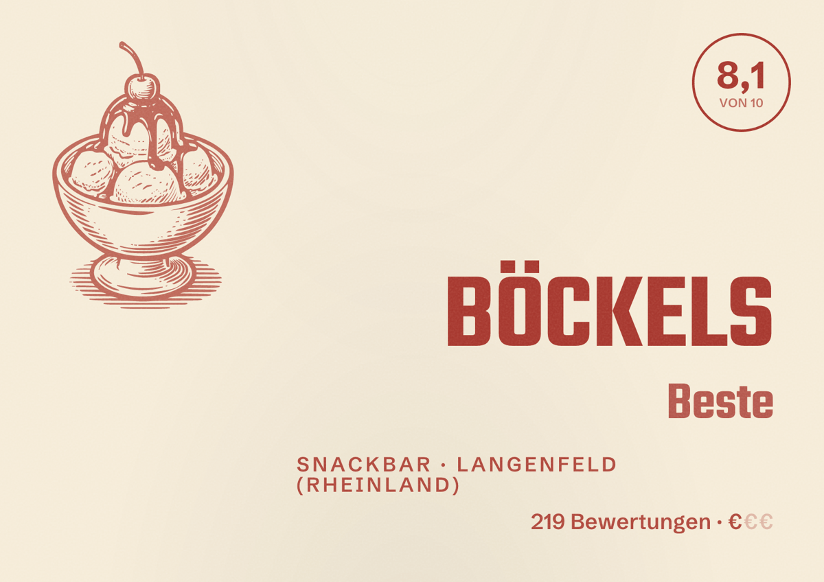 Illustriertes Poster von BÖCKELS Beste, Snackbar in Langenfeld (Rheinland): Bewertung 8,1 von 10 aus 219 Bewertungen, Preisniveau €