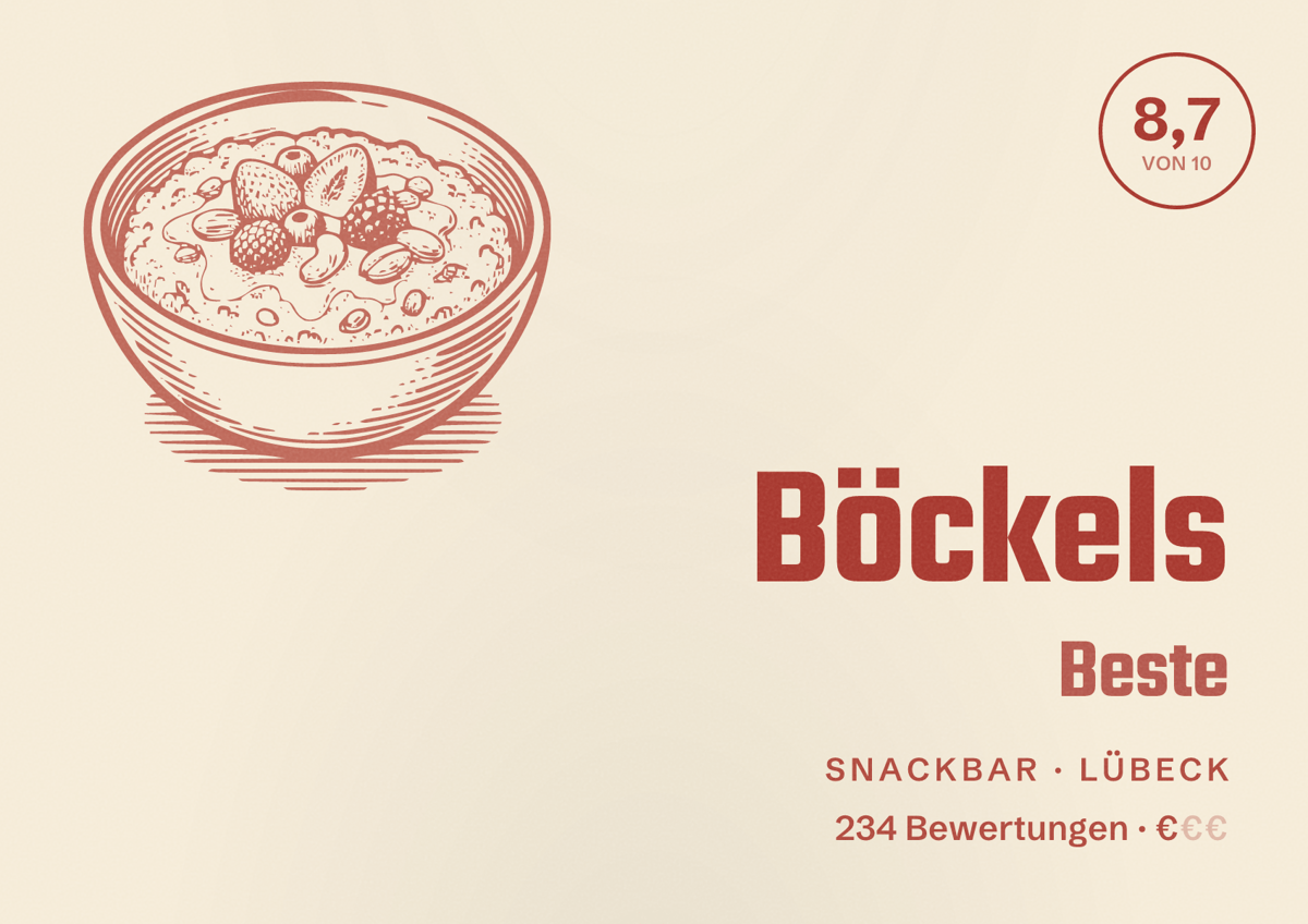Illustriertes Poster von Böckels Beste, Snackbar in Lübeck: Bewertung 8,7 von 10 aus 234 Bewertungen, Preisniveau €