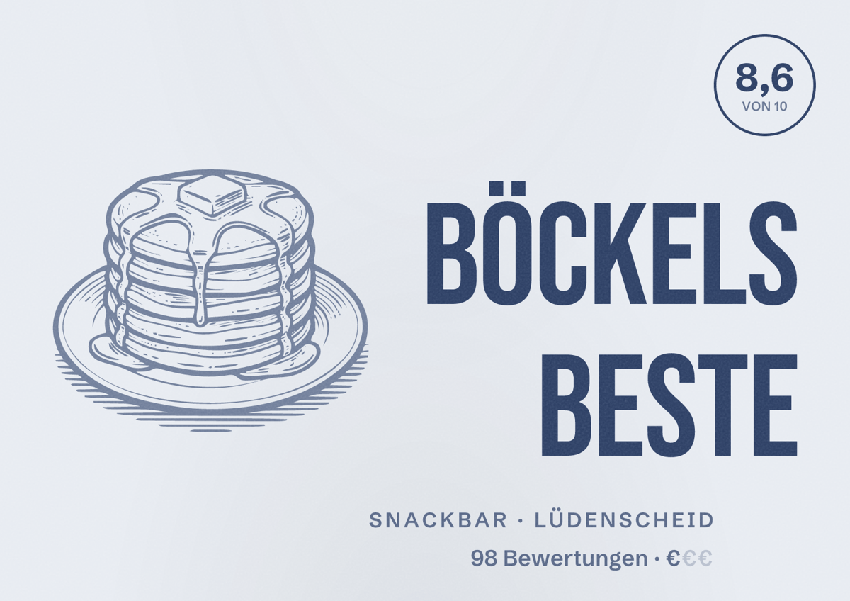 Illustriertes Poster von Böckels Beste, Snackbar in Lüdenscheid: Bewertung 8,6 von 10 aus 98 Bewertungen, Preisniveau €
