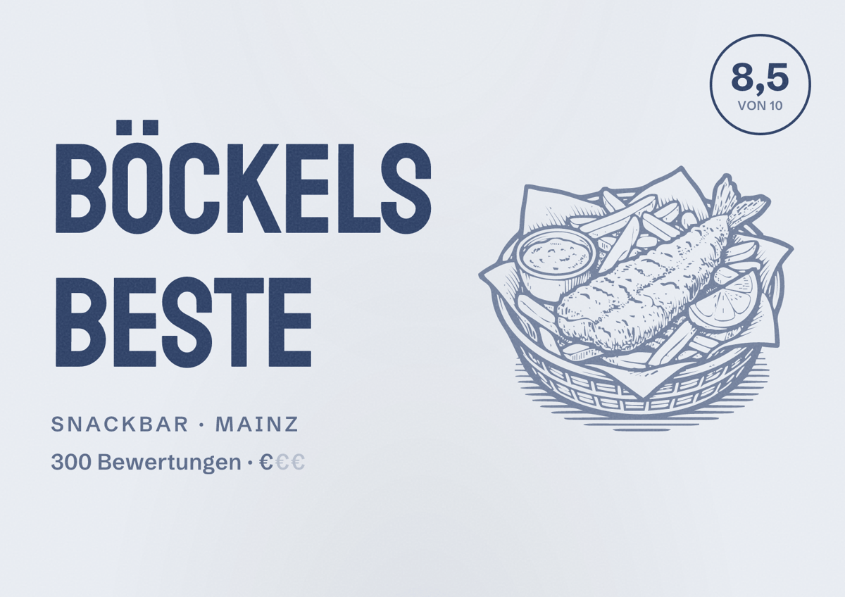 Illustriertes Poster von BÖCKELS Beste, Snackbar in Mainz: Bewertung 8,5 von 10 aus 300 Bewertungen, Preisniveau €