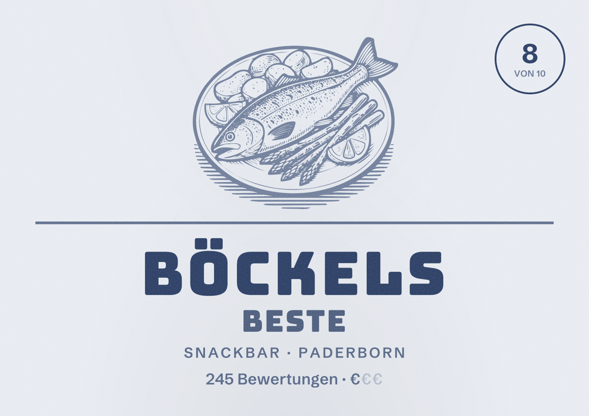 Illustriertes Poster von BÖCKELS Beste, Snackbar in Paderborn: Bewertung 8 von 10 aus 245 Bewertungen, Preisniveau €