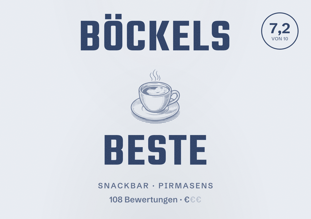 Illustriertes Poster von BÖCKELS Beste, Snackbar in Pirmasens: Bewertung 7,2 von 10 aus 108 Bewertungen, Preisniveau €