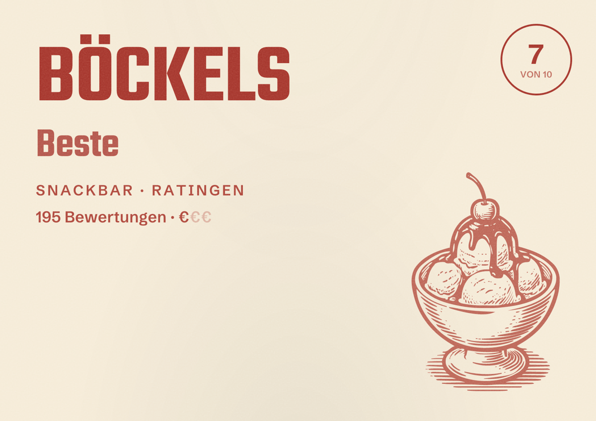Illustriertes Poster von BÖCKELS Beste, Snackbar in Ratingen: Bewertung 7 von 10 aus 195 Bewertungen, Preisniveau €