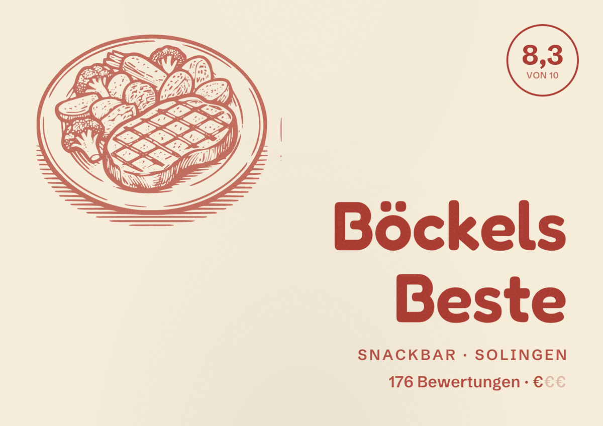 Illustriertes Poster von Böckels Beste, Snackbar in Solingen: Bewertung 8,3 von 10 aus 176 Bewertungen, Preisniveau €
